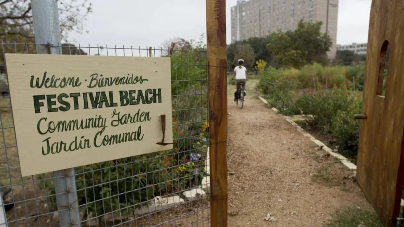 Entrance sign at Festival Beach Community Garden, Austin